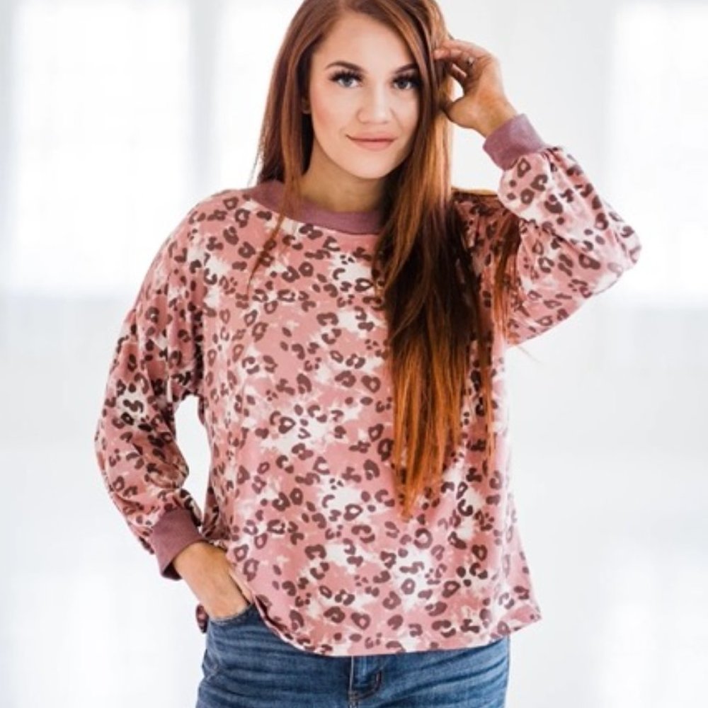 NWT | Rose Pink Leopard Print Long Sleeve Top |Size Small | Heimish